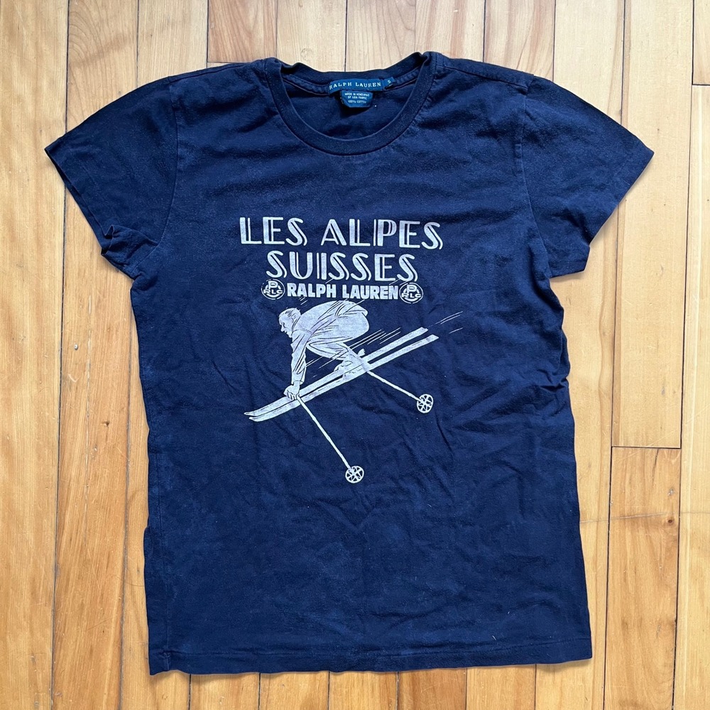 Vintage Ralph Lauren Womens Small Navy Les Alpes Suisses Ski Graphic T-Shirt